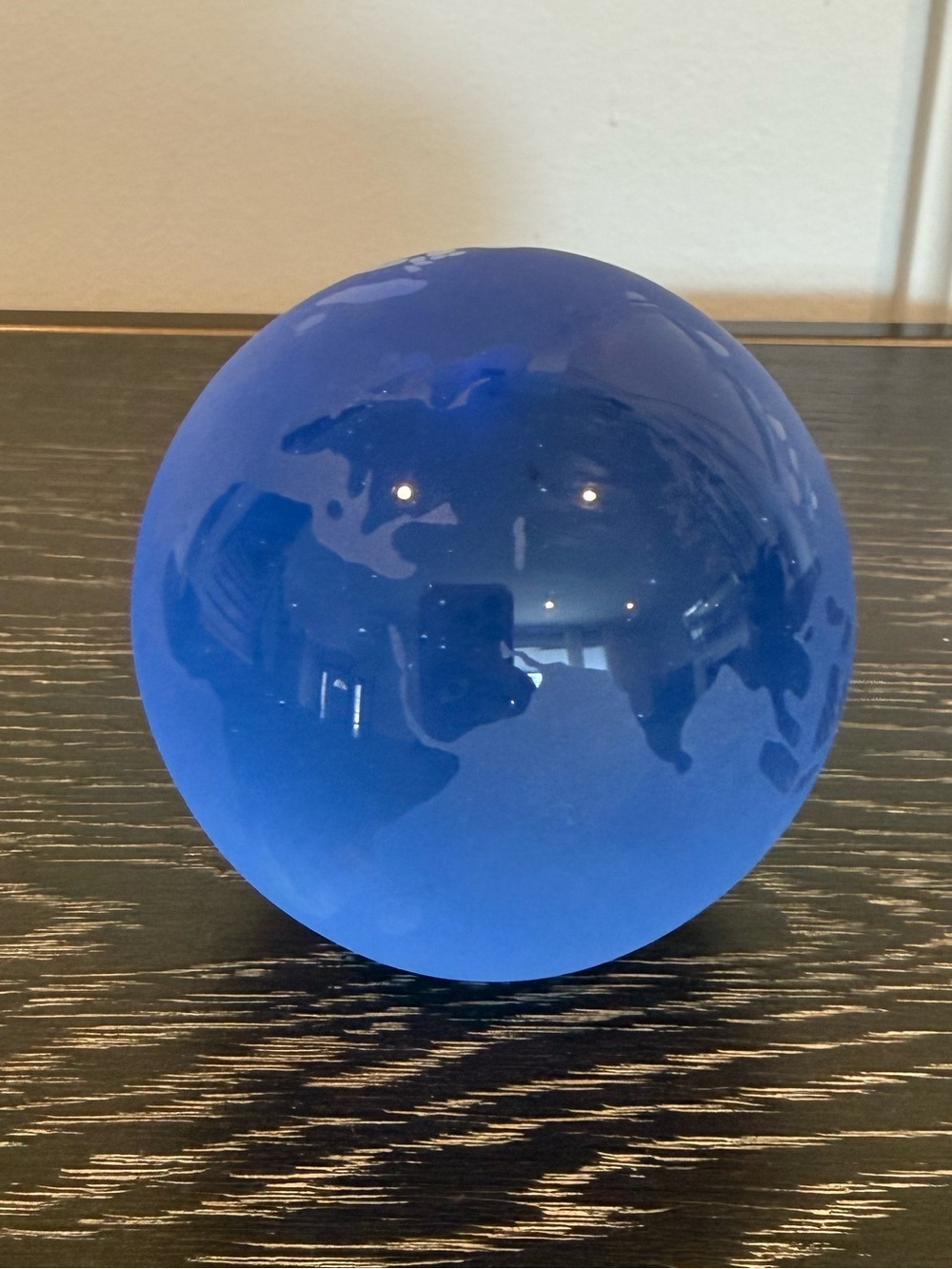 Vtg Art Glass World Globe Paperweight Frosted Etched Blue Glass